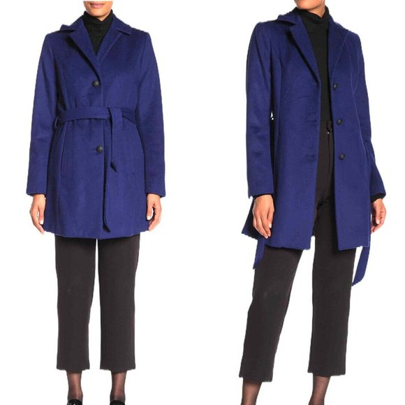 Women’s Blue Andrew Marc Wool Blend Detachable Fox Fur Collar Size 10 - Picture 2 of 12